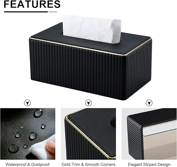KINGFOM Rectangular Tissue Box Cover, PU Leather Tissue Box Holder with Magnetic Bottom, Napkin & Facial Tissue Holder Dispenser Decorative Box Cover for 120-count (3-Ply) 160-count (2-Ply) Black
