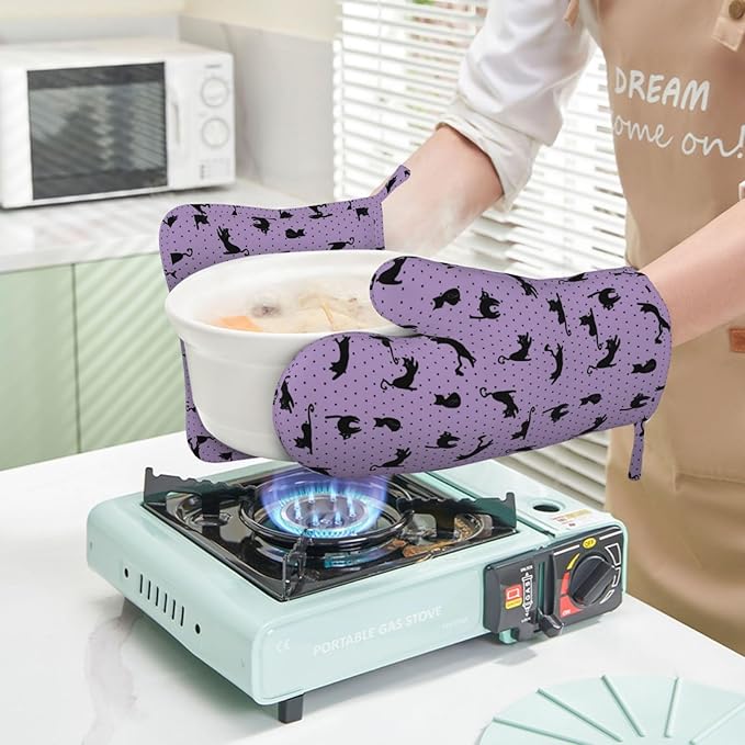 Black Cat Oven Mitts and Pot Holders Sets of 4,Resistant Hot Pads with Polyester Non-Slip BBQ Gloves for Kitchen,Cooking,Baking,Grilling