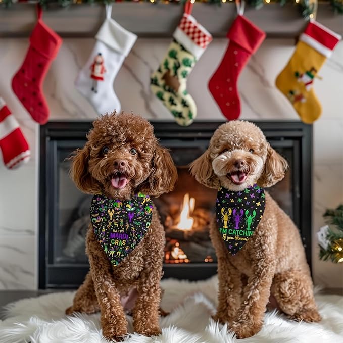 Mardi Gras Dog Bandana Reversible 2 Pack Small, Mardi Gras Pet Bandanas for Dogs Cute Purple Green Yellow Adjustable Triangle Holiday Scarves for Small Medium Boy Girl Dogs