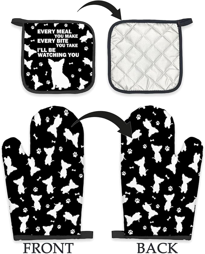 Chihuahua Gifts Dog Oven Mitts and Pot Holders Sets, Chihuahua Decor Dog Kitchen Accessories Sets, Every Meal You Make ChihuahuaDog Heat Resistant Oven Glove Potholders for Kitchen Baking