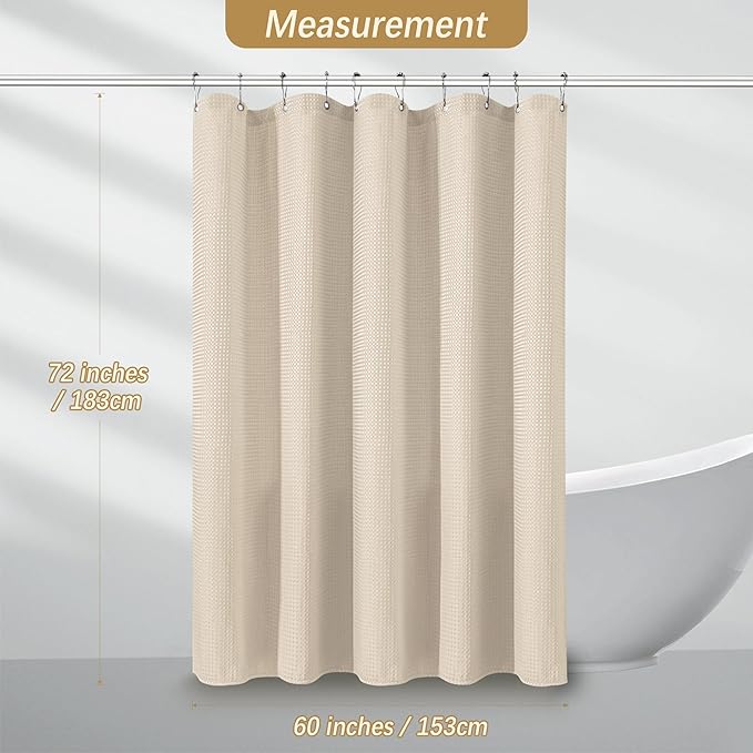 PANGSINNE Beige Fabric Shower Curtain - Waffle Textured Heavy Duty Shower Curtains for Bathroom, 256GSM Hotel Spa Luxury Weighted Bath Curtain with 10 Hooks, 60x72, Beige