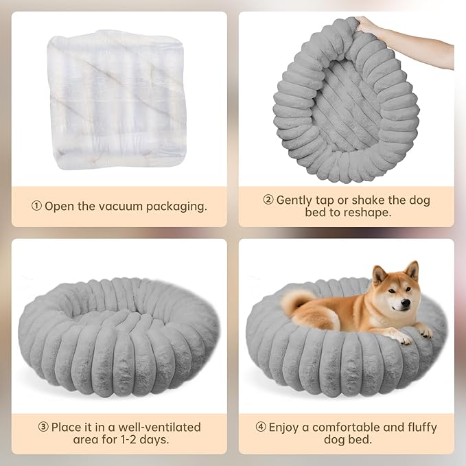 Vhen When Donut Dog and Cat Bed, Luxurious Comfortable Faux Rabbit Fur Pet Beds, Soft Anti-Anxiety Calming Puppy Kitten Bed with Anti-Slip Bottom for Small Medium Dogs & Cats(20", Grey)