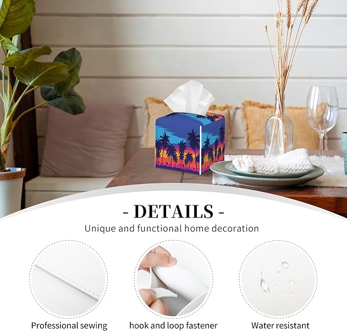 POIUBLE Leather Tissue Box Holder Palm Trees at Sunset Tissue Box Cover Square Waterproof Tissue Holder Organizer Modern Napkin Holder for Bedroom Dresser Night Stand Office Desk