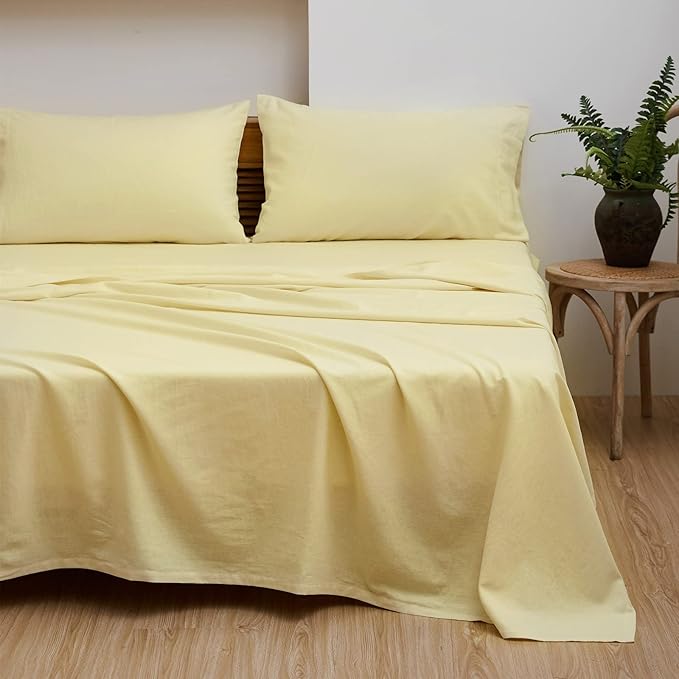 Simple&Opulence Belgian Linen Sheet Set Solid Color - 4 Pieces (1 Flat Sheet, 1 Fitted Sheet & 2 Pillowcases) Natural Flax Cotton Blend Soft Breathable Farmhouse Bedding - Queen Size, Pale Yellow