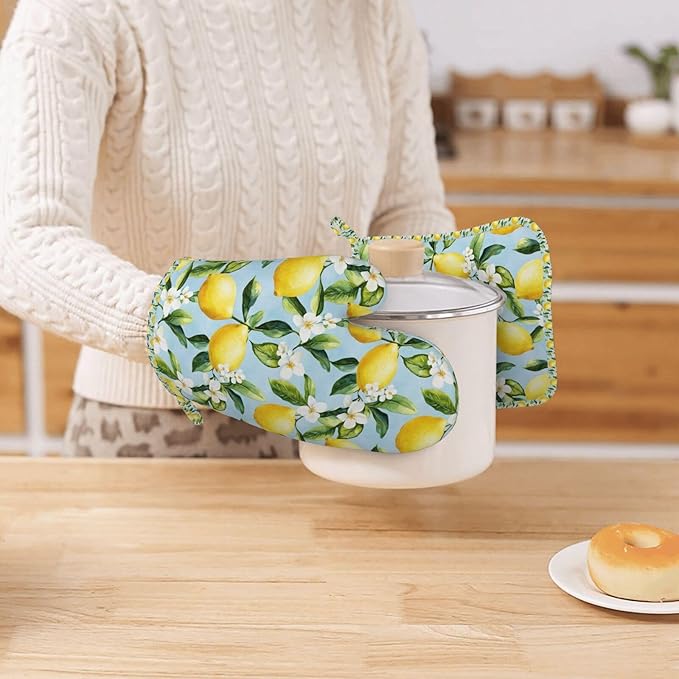 Oven Mitts Pot Holders Set Lemon Watercolor Flower Silicone Kitchen Gloves Potholders Heat Resistant for Chef Baking Cooking Grilling BBQ 4 Pack Mitt