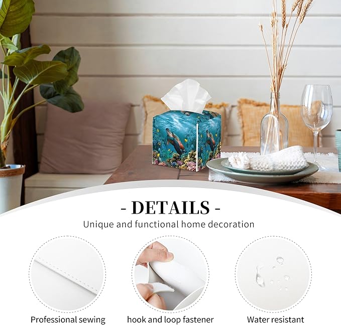 POIUBLE Leather Tissue Box Holder Sea Turtle Tissue Box Cover Square Waterproof Tissue Holder Organizer Modern Napkin Holder for Bedroom Dresser Night Stand Office Desk