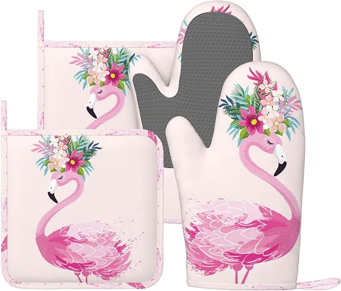 Cute Flamingo Pink Pretty Oven Mitts And Pot Holders Set Of 4 Silicone Heat Resistant Oven Mitten Potholders Non Slip Gloves Kitchen Decor For Bbq Cooking Grilling Baking