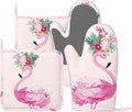 Cute Flamingo Pink Pretty Oven Mitts And Pot Holders Set Of 4 Silicone Heat Resistant Oven Mitten Potholders Non Slip Gloves Kitchen Decor For Bbq Cooking Grilling Baking