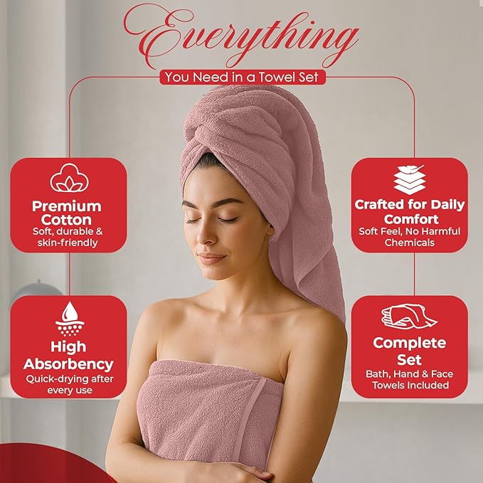 RIVERSIDE Pack of 8 Towels Set, 2 Large Bath, 2 Hand, 4 Face Washcloths, 100% Cotton Hotel Quality, Super Soft, Quick Dry, Highly Absorbent Perfect for Bathroom, Dusty Rose