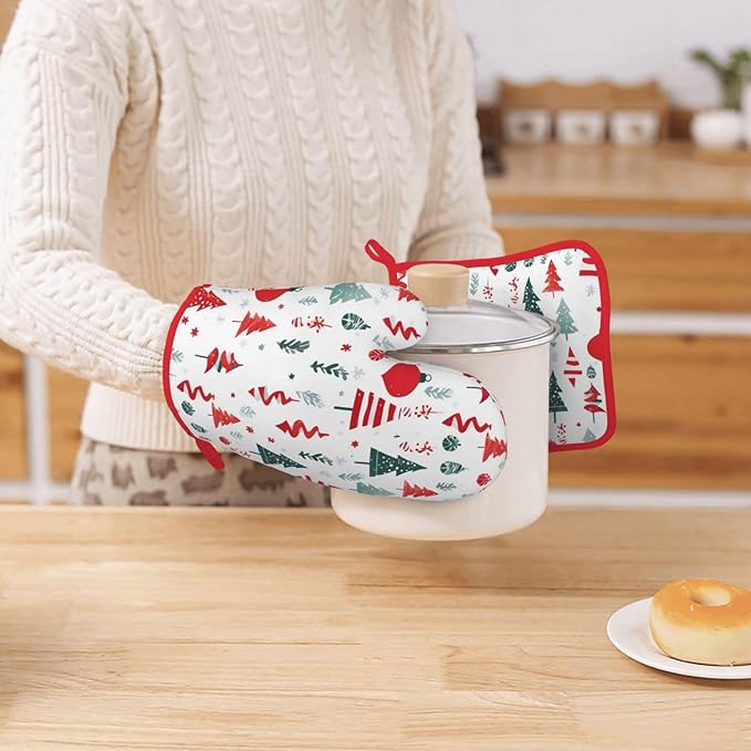 Oven Mitts and Potholders Merry Christmas Tree Silicone Glove Heat Resistant, Kitchen Gloves for Cooking, 2-Piece Set