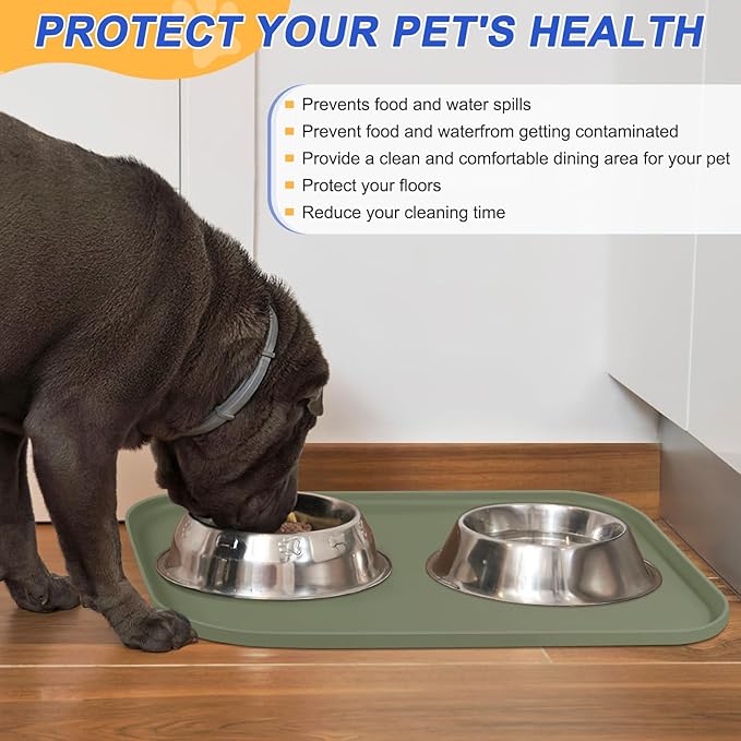 SMILOOL Silicone Pet Feeding Mat with Raised Edge for Food and Water, Dog Bowl Mats, Cat Bowls Placemat with High Lip for Floor Waterproof, Rubber Tray for Cats and Dogs 19 x 12 x0.7 Light Olive Green