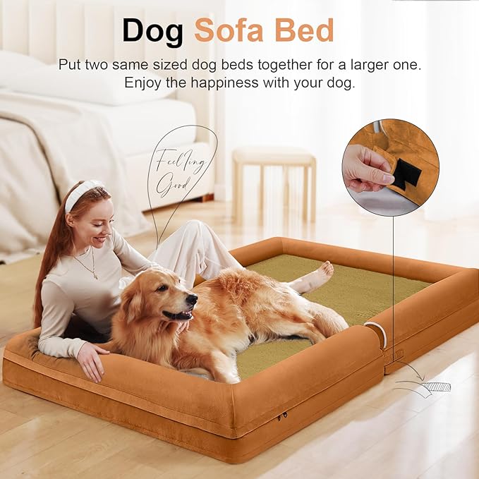 Large Dog Bed Orthopedic Washable: Beds Bolster XL Bed Big XLarge Dogs Egg Crate Foam Couch Sofa Waterproof with Removable Cover - Orange