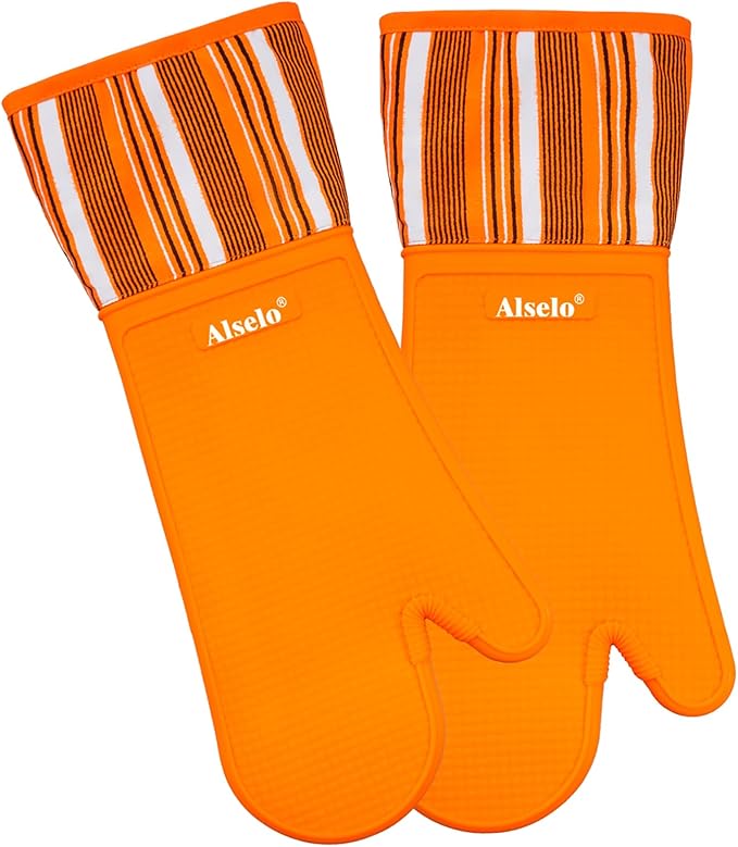 Oven Mitts Heat Resistant Silicone Kitchen Gloves for 550 Degrees with Waterproof and Non-Silp, Oven Gloves for Baking Cooking Barbecue Microwave Machine Washable (Extra Long Orange, 2)