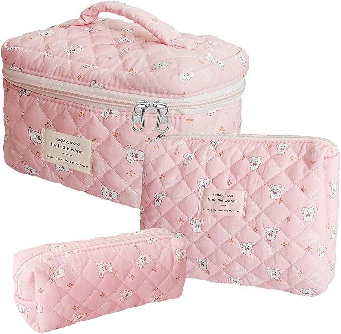 Cozomga Quilted Makeup Bag, Large Capacity Travel Cosmetic Bag for Women and Girls, Aesthetic Storage for Daily and Travel Use (3pcs-RabbitAnimalPrint)