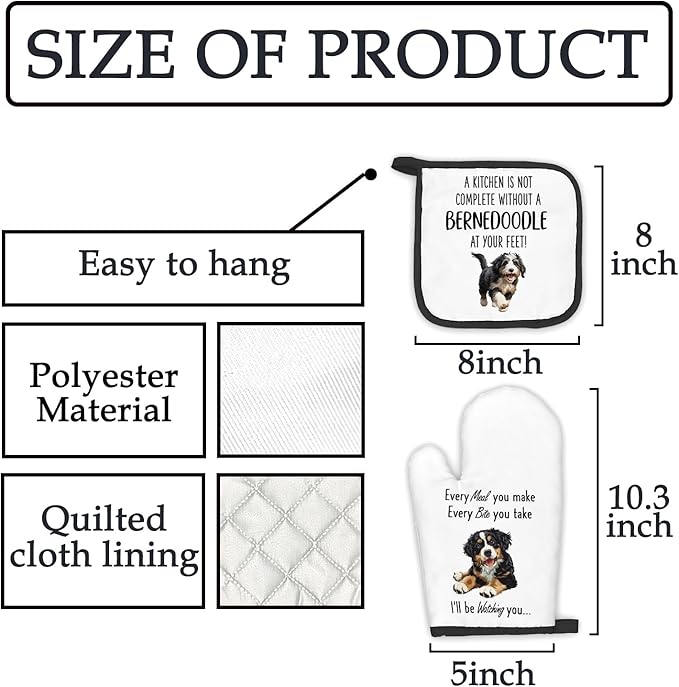 Bernedoodle Gifts Dog Oven Mitts and Pot Holders Sets, Bernedoodle Dog Gifts Dog Kitchen Accessories Sets, Complete Without a Bernedoodle Dog Heat Resistant Oven Glove Potholders for Kitchen