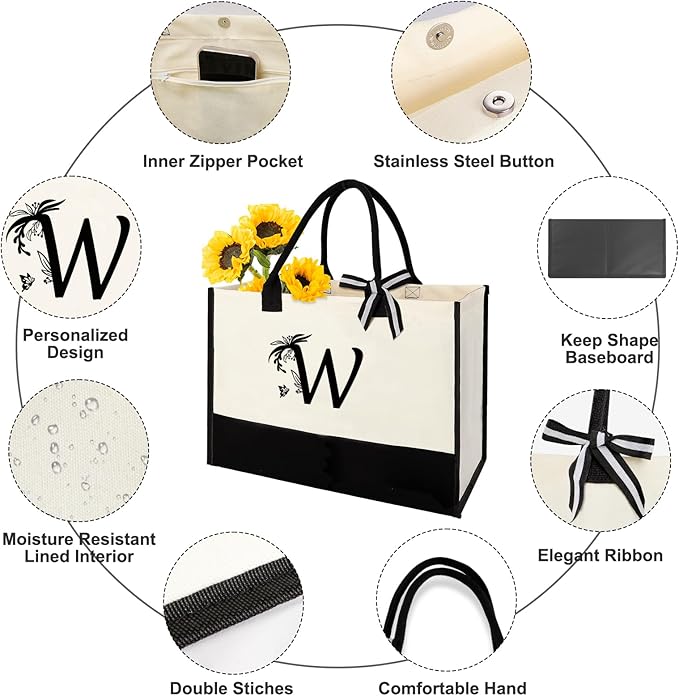 Personalized Gifts for Women - Initial Canvas Tote Bag & Makeup Bag, Custom Bags for Beach, Christmas, Wedding, Birthday, Holiday, Monogram Birthday Gifts for Women, Mom, Wife, Teacher, Friend - W