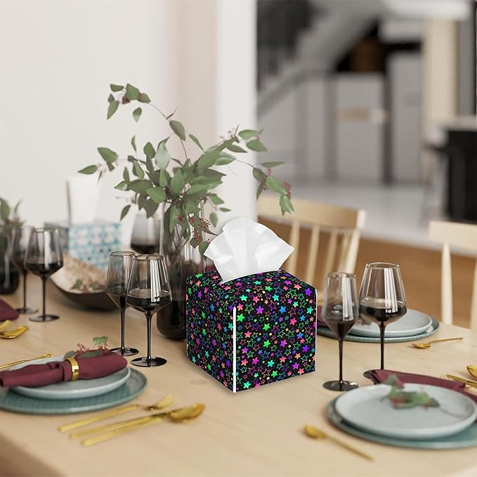 Neon Stars Tissue Box Cover Square,Tissue Box Holder with Belt Bottom,Stylish Leather Napkin Holder for Vanity Countertop,Nightstands,Office Desk,5.2"×5.2"×5.2"
