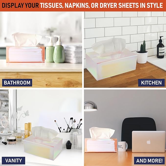Acrylic Tissue Box Holder, Clear Dispenser for Facial Tissues, Napkins, and Dryer Sheets. Perfect for Bathrooms, Desks, Countertops, Vanities, Bedrooms, and Nightstands (Rectangle, Iridescent)