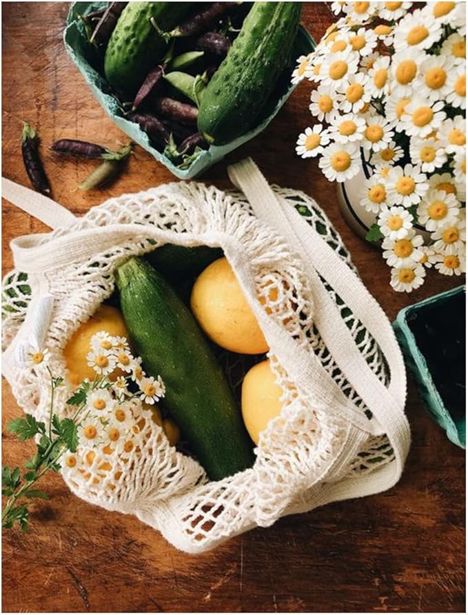 Lemonfilter Mesh Grocery Bags, 5 Pack Reusable Washable Cotton String Shopping Bag, Cotton Mesh Produce Bag with Long Handle Net Tote Bag for Fruit Vegetables Farmers Market Shopping (4 Color)