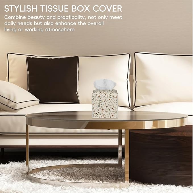 OHEGBXE Vintage Decorative Square Leather Tissue Box Holder Cover Facial Paper Organizer Dispenser for Bathroom, Vanity Countertop, Office Desk (Vintage Flowers and Plants)