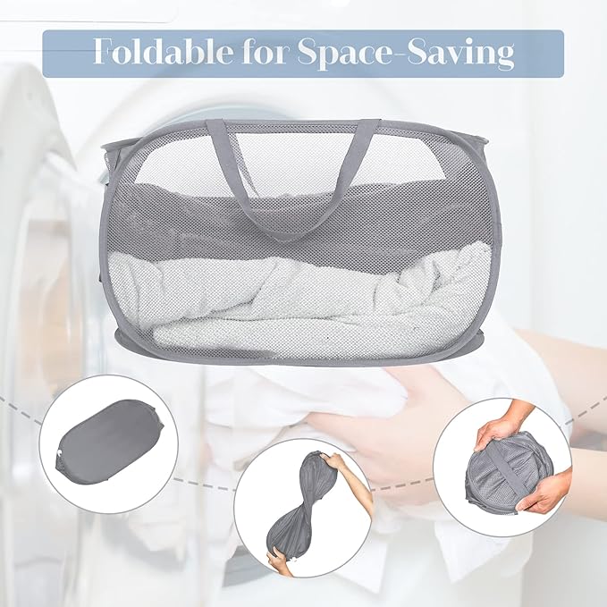 2 Pack Durable Collapsible Laundry Baskets - Reinforced Mesh Pop Up Laundry Hamper with Pocket, Foldable Dirty Clothes Hamper with Carry Handles for Laundry, Bathroom, Kids Room, Dorm or Travel Grey