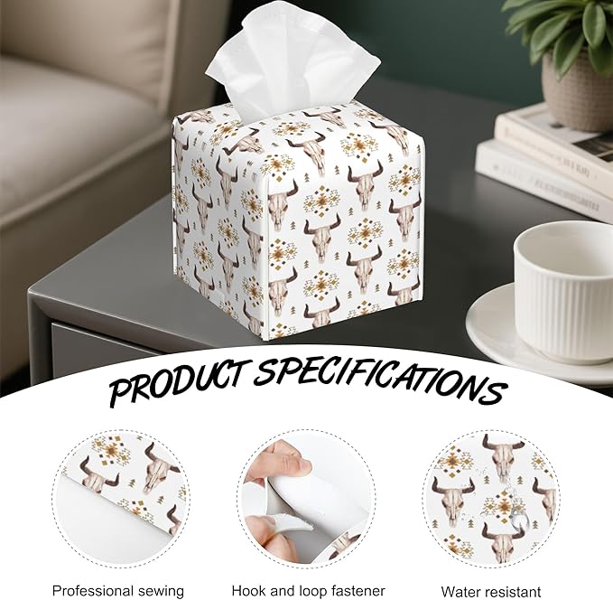 Watercolor Bull Cow Skull Tissue Box Cover Square,Tissue Box Holder with Belt Bottom,Stylish Leather Napkin Holder for Vanity Countertop,Nightstands,Office Desk,5.2"×5.2"×5.2"