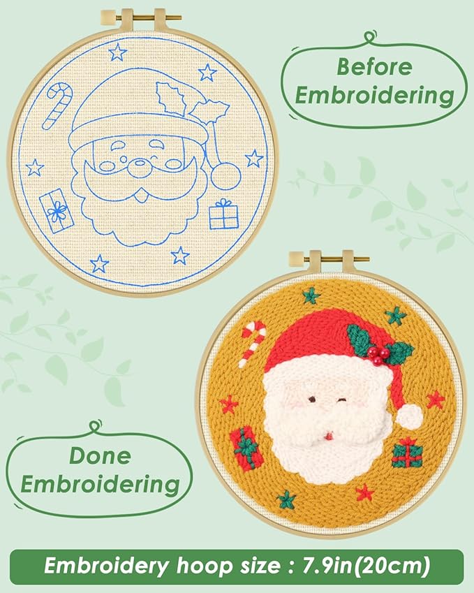 ERKOON Christmas Punch Needle Kit Adults Beginners, DIY Easy Christmas Embroidery Set for Starter Art Craft, Needling Punch Project with Patterns, Tools, Yarns, Hoop, Instruction (Santa Claus)