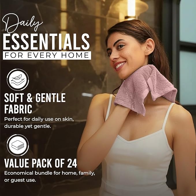 RIVERSIDE 24 Pack Washcloths Set - 100% Cotton [12x12 Inches] - 500 GSM, Soft, Quick-Dry & Highly Absorbent Face Towels - Perfect for Bathroom, Gym, Hotel, Spa & Travel - Dusty Rose