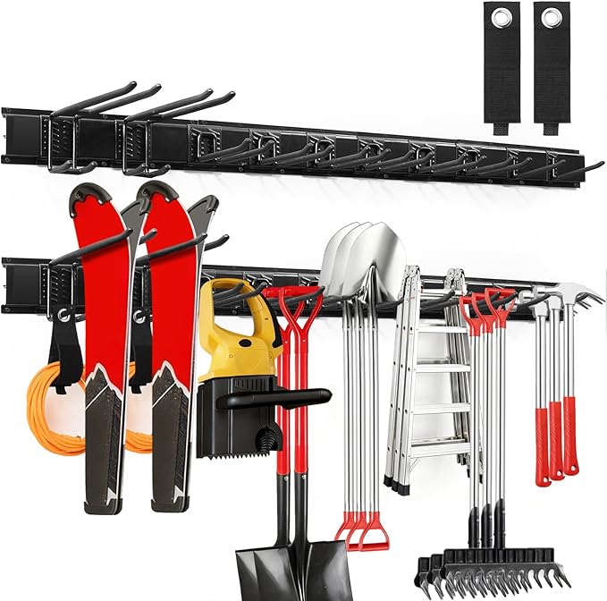 WEZAFO 64 Inches Garage Tool Organizer Wall Mount, Tool Storage Rack Wall Mount, Heavy Duty Garden Wall Organizer System for Yard, garage and Shed, Tool Holder for Hanging Rake Snowboard Broom Mop