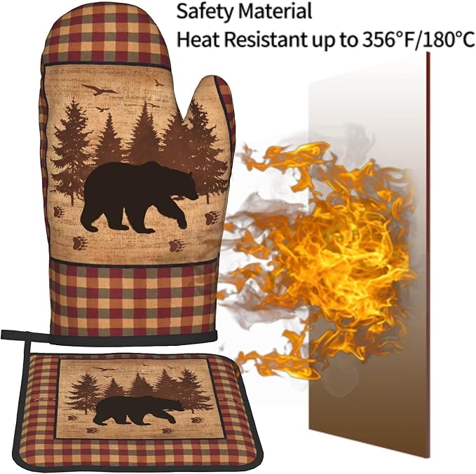 Black Bear Oven Gloves and Pot Holders Forest Cabin Wildlife Kitchen Mitts Hot Pads Farmhouse Red Green Buffalo Plaid Decorative BBQ Essentials and Accessories for Chef Cooking Baking Gifts