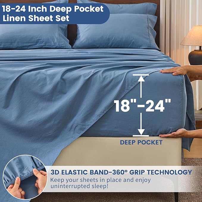 Bedlifes 100% French Flax Linen Sheets Set Queen Size - 6 Piece Extra Deep Pocket 18-24",Soft Breathable Queen Bed Sheets with Temperature Regulating & Moisture-Wicking(Flint Blue