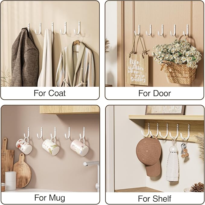 Josmimic Wall Hooks for Hanging Towel/Coat - 22LB Screw in Metal Hanger Wall Mount, for Outdoor, Closet, Door, Bathrooms, for Backpack, Robe, White 5 Pack