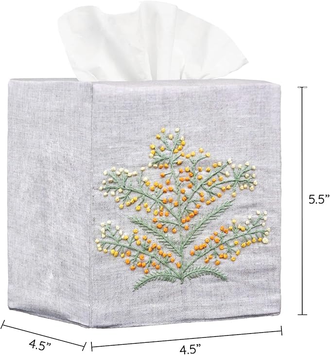 EmbroideryLinen.VN Tissue Box Cover Set of 2, Square Linen Tissue Holder, French Knot Hand Embroidered Floral Design, 4.5x4.5x5.5 Inches, Decorative Holder for Bathroom, Living Room, Office (Grey)