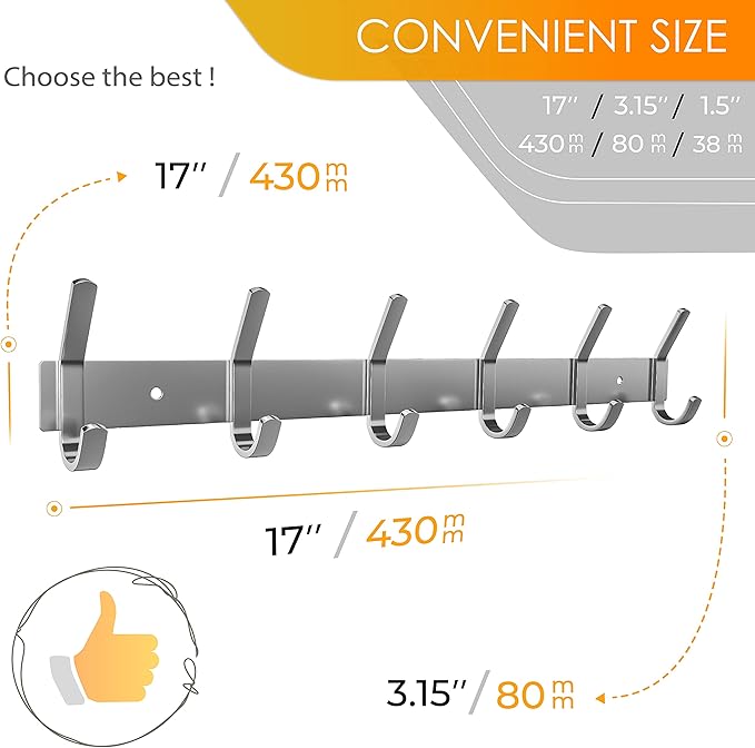 SAYONEYES Coat Rack Wall Mount – Brushed Nickel 17 Inch Stainless Steel Hook Rail with 6 Heavy Duty Double Coat Hooks – Wall Mounted Coat Hanger for Entryway, Bathroom, Bedroom, Towel, Hat Organizer