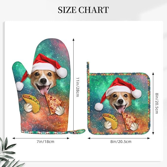 Funny Dog Eating Pizza Oven Mitts and Pot Holders Sets, Home Silicone Heat Resistant BBQ Gloves for Kitchen Baking Cooking Grilling Microwave