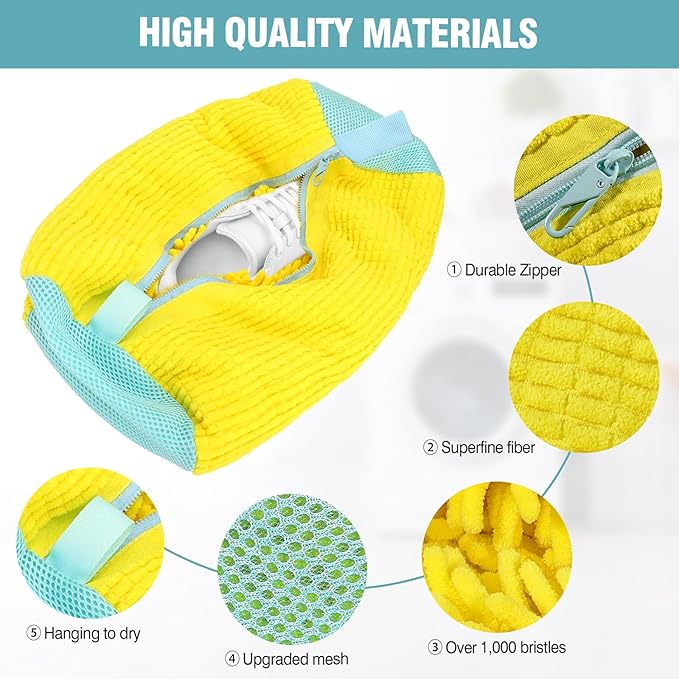 2 Pcs Shoe Washing Machine Bags with 4 Adjustable Shoe Trees, XXL Laundry Bags for Washer and Dryer, Sturdy Zipper with Hook Design, Reusable Cleaning Bag for Sneaker, Tennis (Yellow)