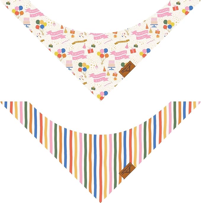 Remy+Roo Small Dog Bandanas - 2 Pack Birthday Set | Premium Durable Adjustable Polyester Fabric Dog Scarfs | Patented Shape, Trendy Patterns | Pack of Bandanas for Dogs
