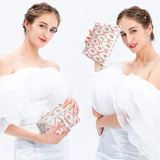 HAOGUAGUA 2 Pieces Makeup Bag, Small Large Quilted Cosmetic Bag, Travel Floral Make Up Toiletry Organizer Bag for Women Girls (2PCS STYLE B-1)
