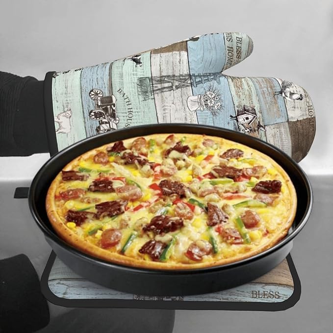 Farm Animal Oven Gloves and Pot Holders Rustic Barn Teal Green Brown Heat Resistant Kitchen Oven Gloves Hot Pan Pads 2 Piece Farmhouse Kitchen Mitts Pan Mat for Cooking Grilling Baking