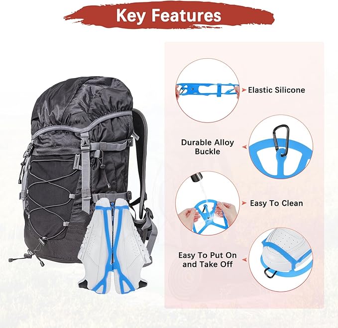 TIXIPEM Shoe Holster for Backpack [1SET] - Elastic Silicone Footwear Holder with Clip Use for Travel & Outdoors & Sports - [Sapphire Blue-XL] Hang Extra Shoes Cleats Boots