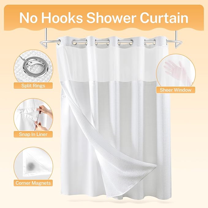 River Dream White Fabric Shower Curtain Set, Cotton Blend, Waffle Weave, with Snap in Replacement Liner，71 x 74 inches