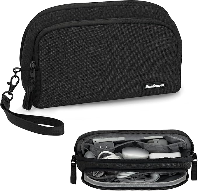 Zealearn Electronics Organizer Travel Case - Portable Tech Bag, Portable Charger Organizer, All-in-One Storage Bag for Charging Cable, USB Cords, Black, Double Layer