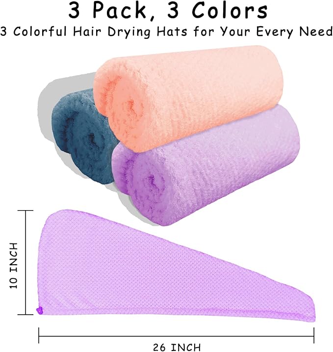 YHPDYL 3 Pack Microfiber Hair Towel Wrap for Women, Fast Drying Hair Turban with Button, Anti-Frizz Large Hair Towel for All Hair Styles, Soft & Absorbent Hair Drying Towel(Bule,Purple,Orange)