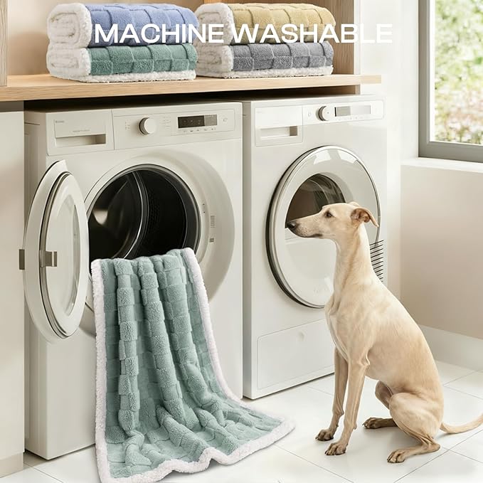 Luciphia Waterproof Dog Blanket for Medium Dogs Washable Soft Sherpa Fleece Cat Blankets with 3D Jacquard Cozy Calming Reversible Couch Protector Furniture Protection for Pet, Green White, 57x40 inch