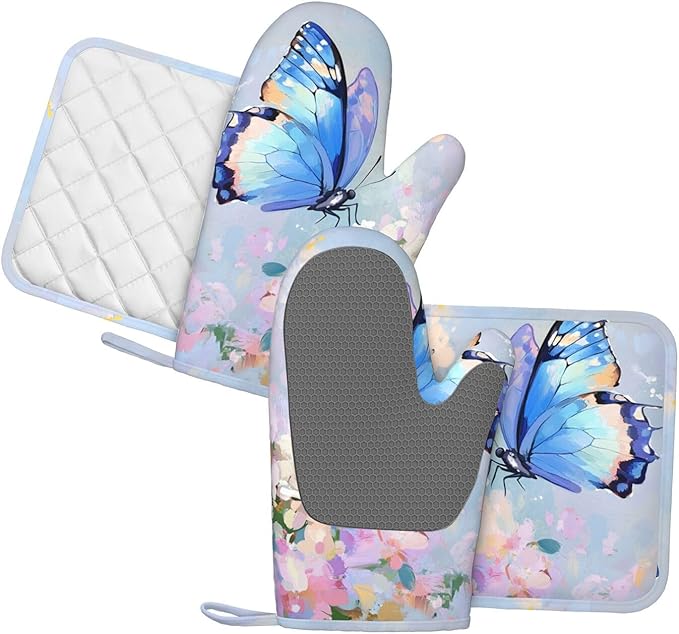 Oven Mitts Pot Holders Set Butterfly Flower Oil Painting Silicone Kitchen Gloves Potholders Heat Resistant for Chef Baking Cooking Grilling BBQ 4 Pack Mitt