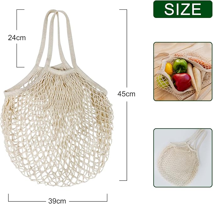 Mordx 2-Pack Reusable Mesh Grocery Bags, 100% Cotton String, Long Handle Produce Bags, Fruit & Veggie Storage