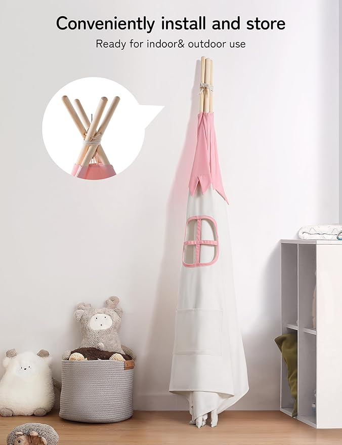 Teepee Tent for Kids Indoor,Kids Play Tent, Toddler Teepee Girls Boys, Baby Teepee, Children Room, Reading Tp,Canvas Playhouse with Lights and Mat (Peachy-Pink, Padded mat)