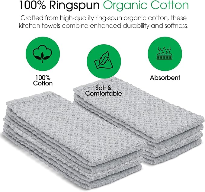 DG Collections Ash Grey Kitchen Towels - 100% Cotton Terry Tea Towels for Cleaning, Drying, and Highly Absorbent Kitchen Dish Cloth for Bar Cleaning - 8 Pack - 15 x 25 Inches