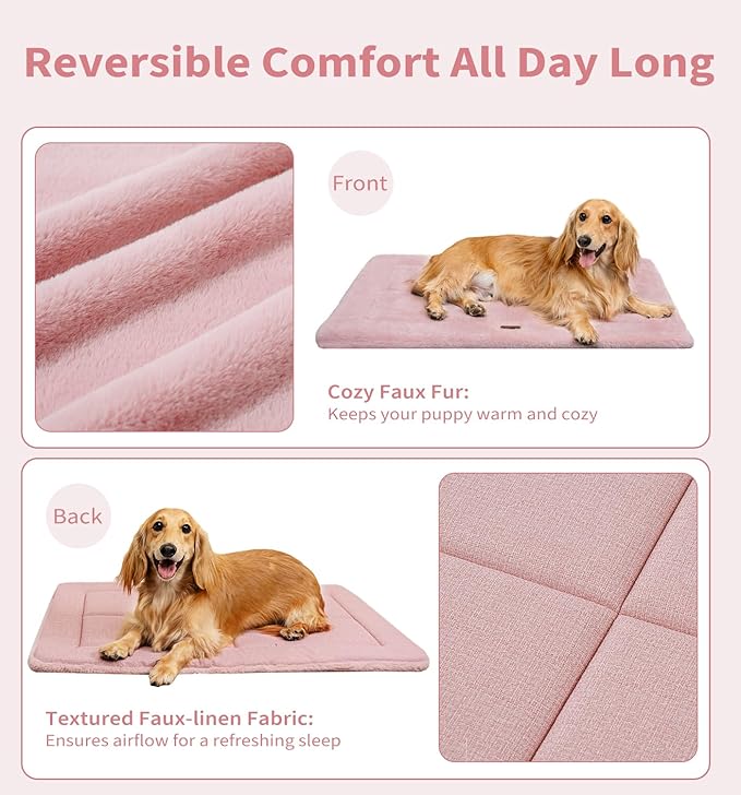 Made4Pets Dog Crate Pad Bed for Large Dogs, Washable & Reversible, Anti-Slip Kennel Mat for Cozy Sleeping, Soft Fluffy Dog Bed for Indoor & Outdoor Use, 41"x29", Pink