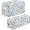 MZLUWM 2 Pcs Makeup Bag Travel Cosmetic Bag，Cute Floral Quilted Makeup Bag Set for Women Girls，Cotton Travel Toiletry Zipper Make Up Pouch (Blue Floral)